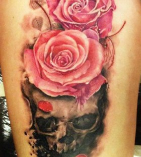 Technical great cute pink rose and skull scary tattoo