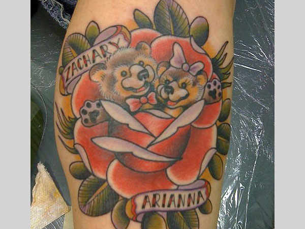 Teddy bear and rose tattoo