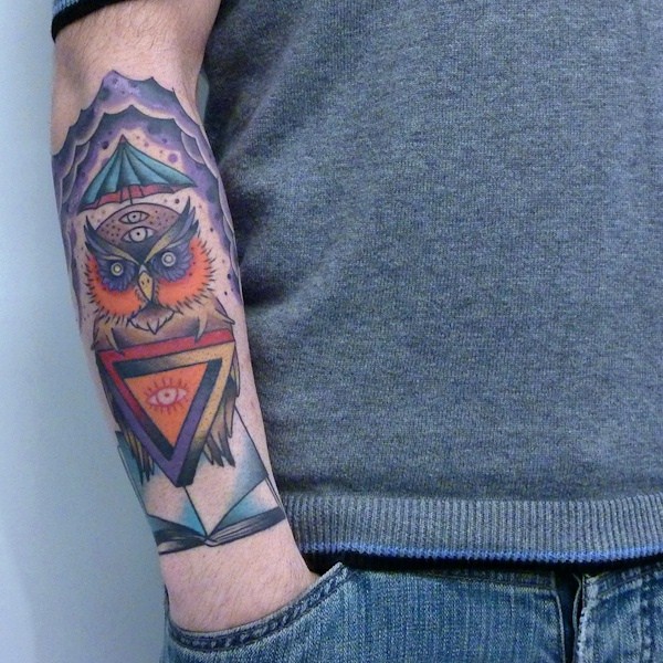 Triangle eye and owl tattoo