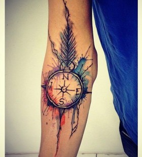 Watercolour compass arm tattoo by Tyago Compiani