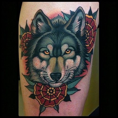 Wolf and flowers tattoo by W. T. Norbert