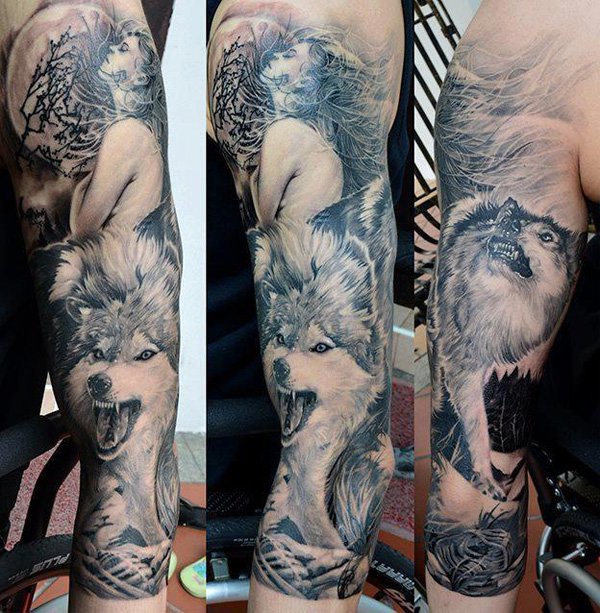 Wolf and woman full arm tattoo