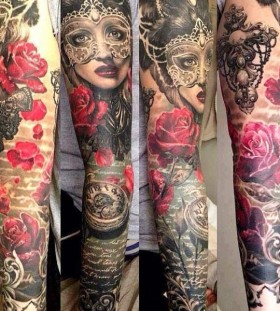 Woman and red roses tattoo by Ellen Westholm