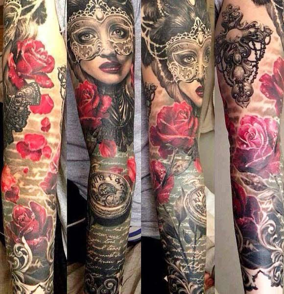 Woman and red roses tattoo by Ellen Westholm