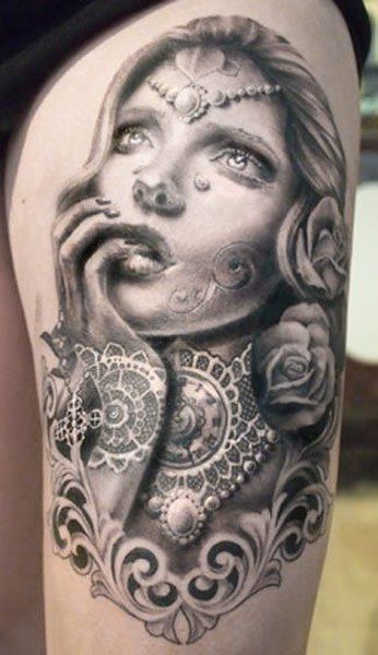 Wonderful woman and flowers tattoo by Ellen Westholm