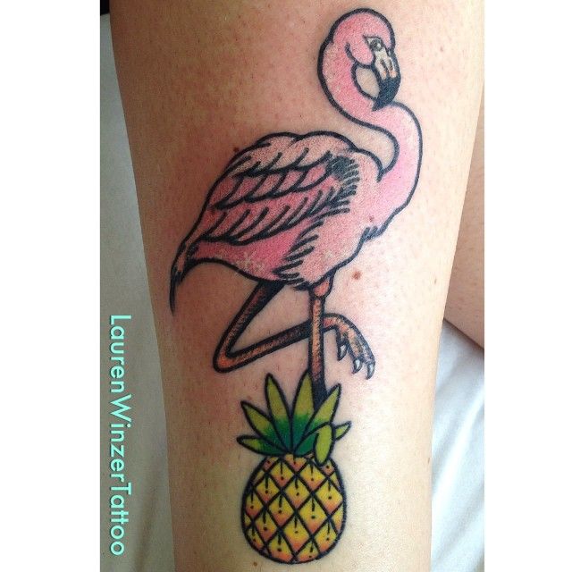 Yellow pineapple and pink flamingo tattoo by lauren winzer