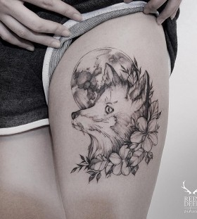 amazing-fox-and-moon-flower-tattoo