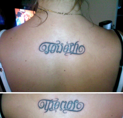 Ambigram Tattoo Design On Upper Back