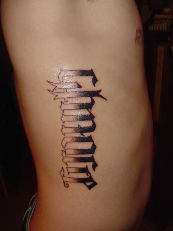 Gradation Ambigram Tattoos on Right Side Body