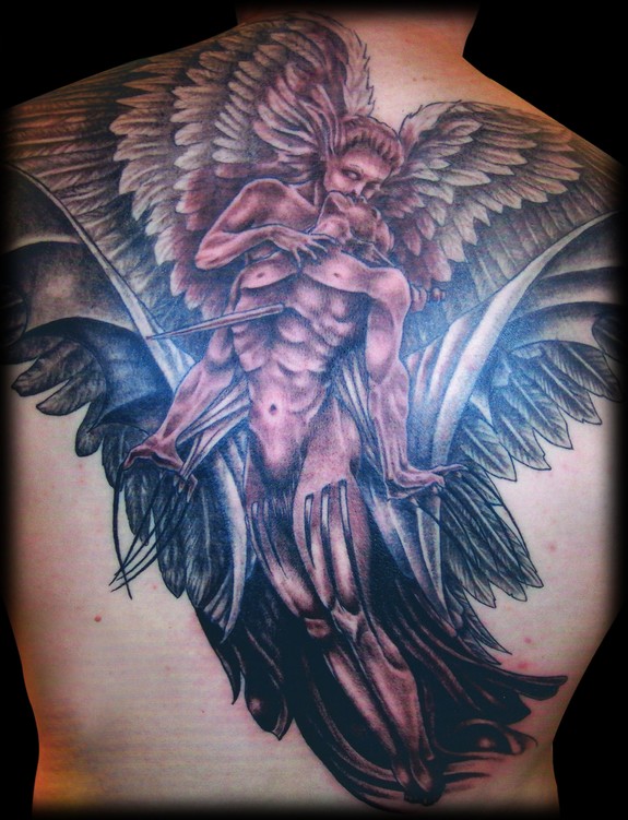 Amazing Angel Wing And Demon Backpiece Tattoos