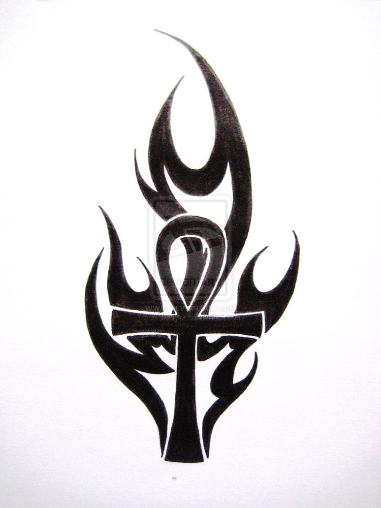 Black – White Flaming Ankh Tattoo Design