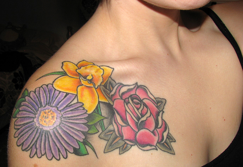 Aster Flower and Rose Tattoo Design for Women