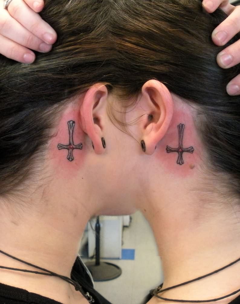 Inverted Cross Tattoo On Back Ear Images