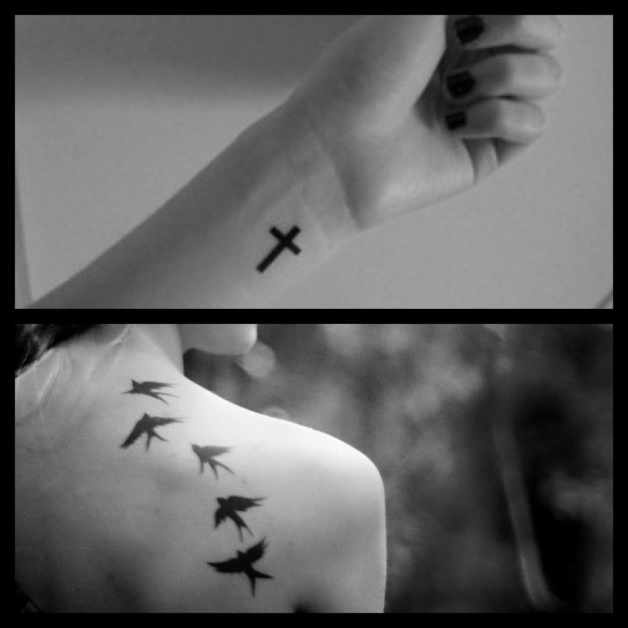 Wrist Cross And Shoulder Bird Tattoos Designs