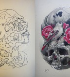 Amazing Design for Wrist Bird Skull Tattoo: Sketch (Left) And Complete (Right)