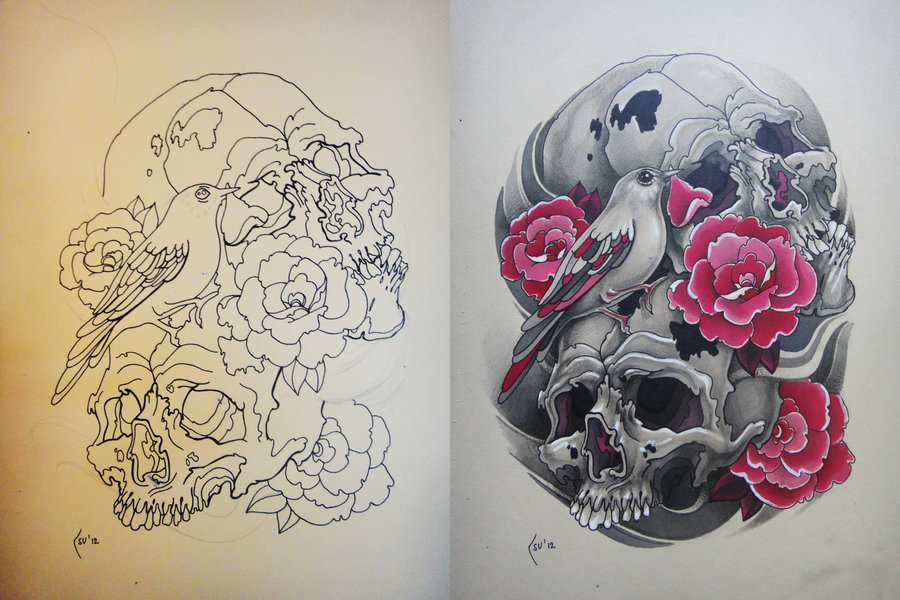 Amazing Design for Wrist Bird Skull Tattoo: Sketch (Left) And Complete (Right)