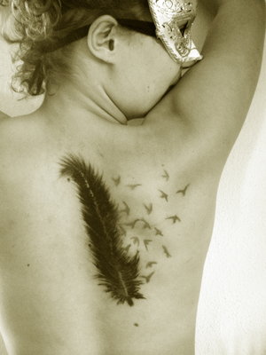 Chick Upper Back Feather Tattoos Design for Women