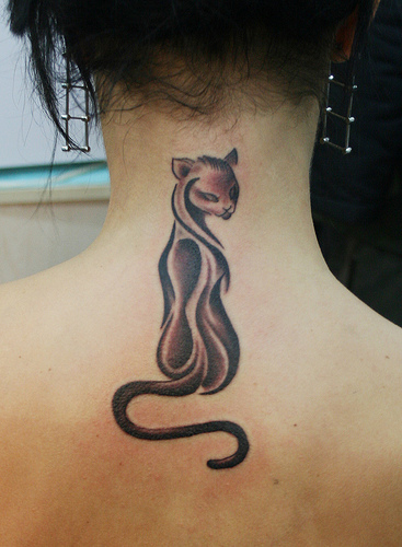 Black Cat Tattoo on Upper Back