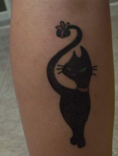 Cute Black Cat Tattoo on Calf