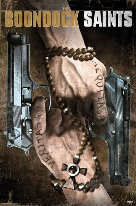 Hands Holding Pistols, Bearing Veritas & Aequitas And Wrapped Into A Beaded Rosary Cross