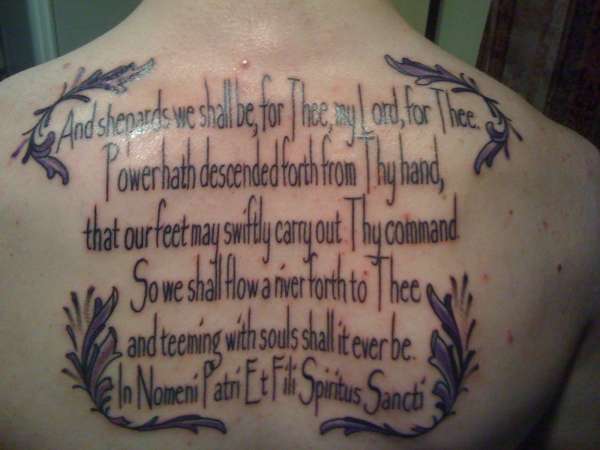 Upper Back Boondock Saints Prayer Framed Within Sweet Dark Shade Leafy Patterns On All Four Corners