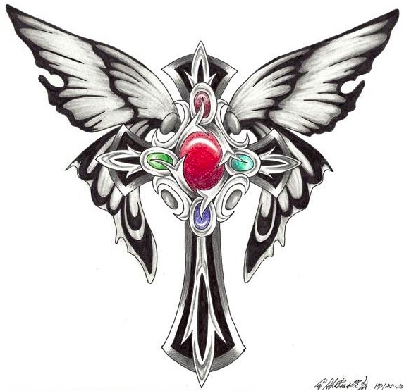 Butterfly Cross Shaped Tattoo Design by 0ravensrequiem0