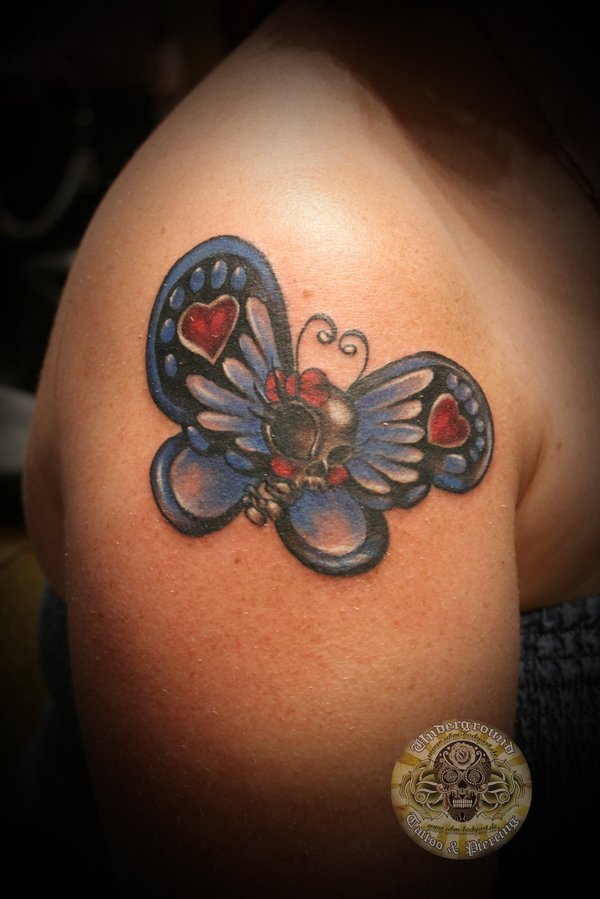 Skull Butterfly Color Tattoo By 2facetattoo