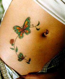 Green Flower Butterfly Belly Tattoo Design