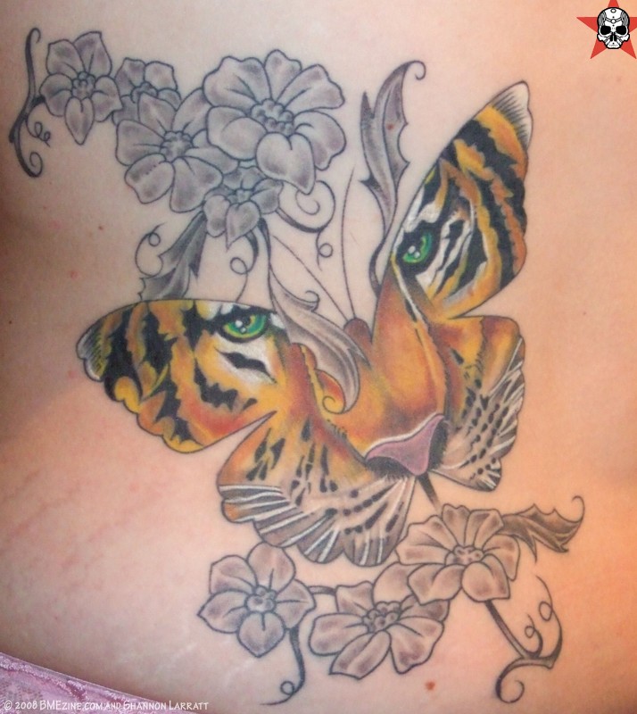 Wonderful Tiger Butterfly with Flower Ornament Tattoos Design
