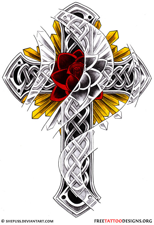 Cool Red And Yellow Cross Tattoos