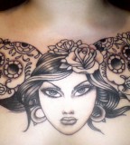 Beautiful Woman and Mexican Sugar Skulls Chest Piece Tattoo Designs for Women