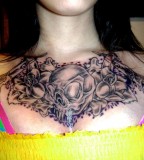Gothic Skull and Flowers Chest Tattoo Design Ideas for Women / Girls
