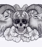 Awesome Chest Piece Sketch Tattoo of Skull, Goat Heads, and Flowers