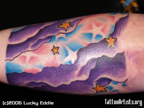 Colorful Clouds And Stars Tattoo Design