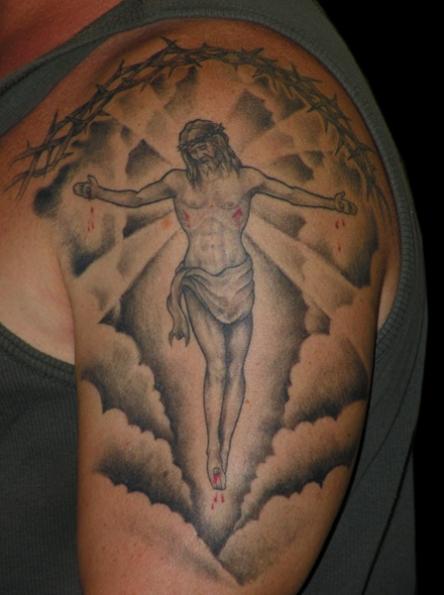 Jesus In Clouds Arm Tattoo Design