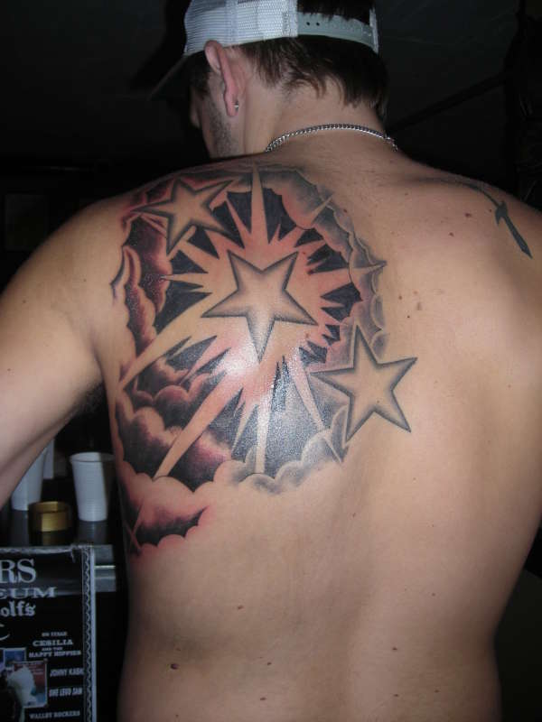 Star Tattoo and Clouds Tattoo Design on Shoulder