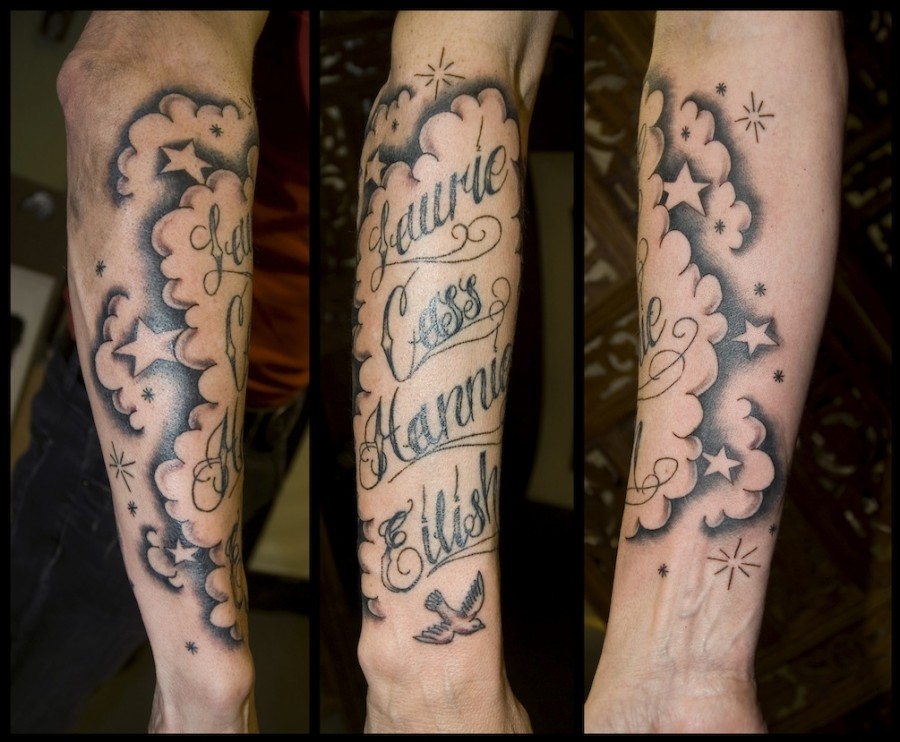 Tattoo Names In Script Lettering Chicano Style With Stars And Clouds