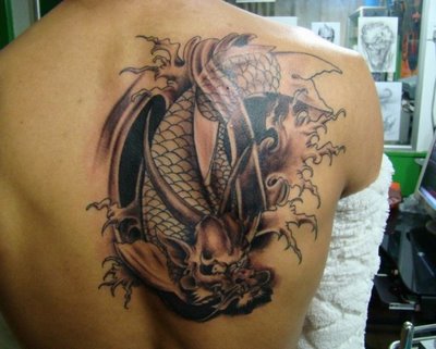 Cool 3D Koi Tattoo Design on Back