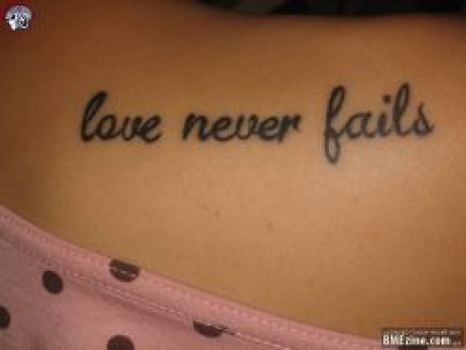 Meaningful Quotes “Love Never Fails” Tattoo Designs for Women / Girls