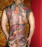 Colorful Buddhism Theme Full Back Body Tattoo Design Idea for Guys (NSFW)