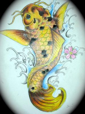 Sweet Yellow Koi Coy Fish Girls Tattoo Design