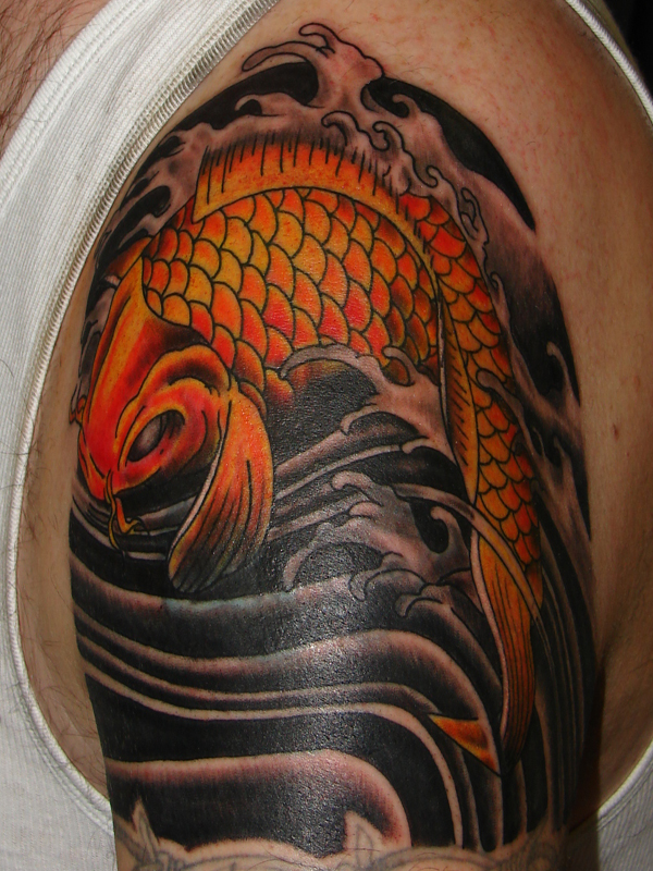 Superb Orange Colored Koi Coy Fish Tattoo Design on Right Arm