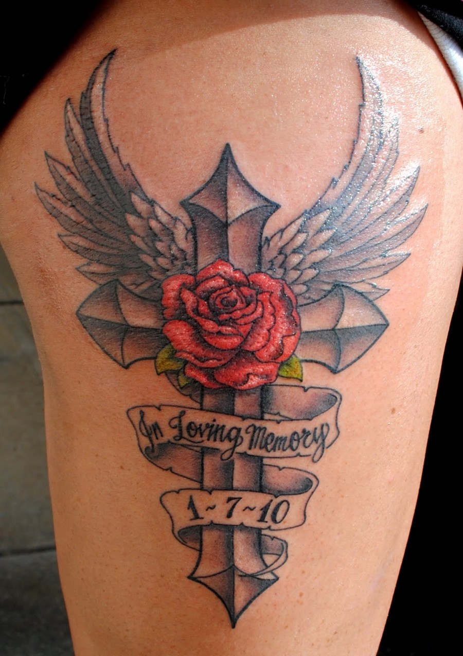 Angel Memorial Cross and Rose Tattoo Ideas