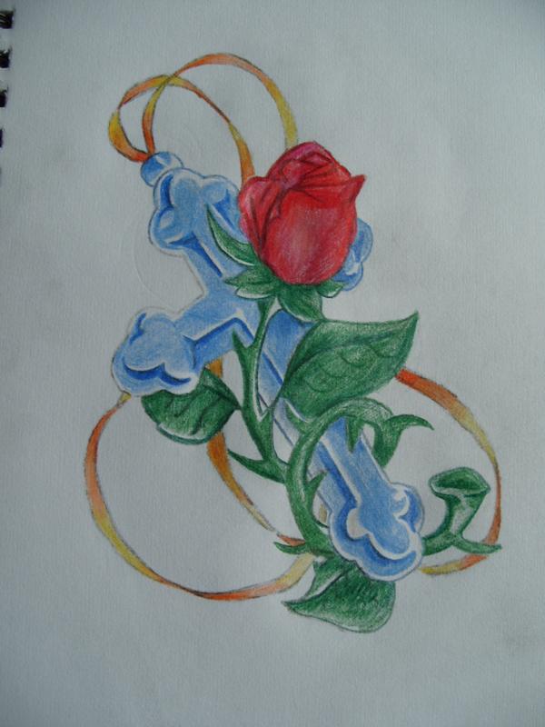 Colored Cross And Rose Tattoo Design Ideas