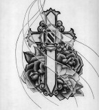 Cross And Roses Tattoo Picture in Black and White Design