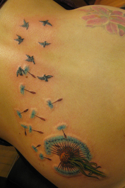 Shoulders Black Dandelion And Birds Tattoo