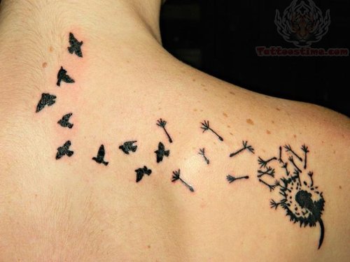 Dandelion Puff And Birds Tattoo On Upperback