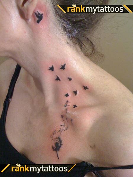 Dandelion And Birds Tattoo On Girl Neck