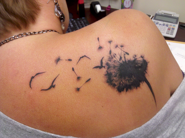 Upperback Birds And Dandelion Tattoo