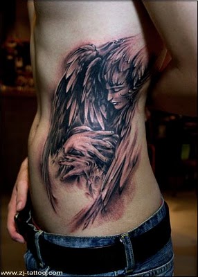 Dark Angel with Face and Wings Tattoo Designs